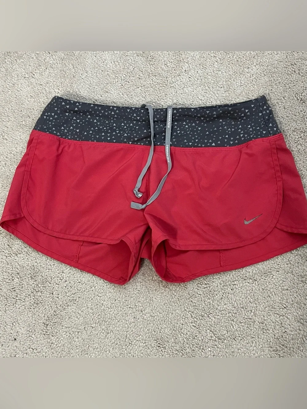 Nike Women's Dark Pink Gray Running Shorts with Patterned Black Waistband Small